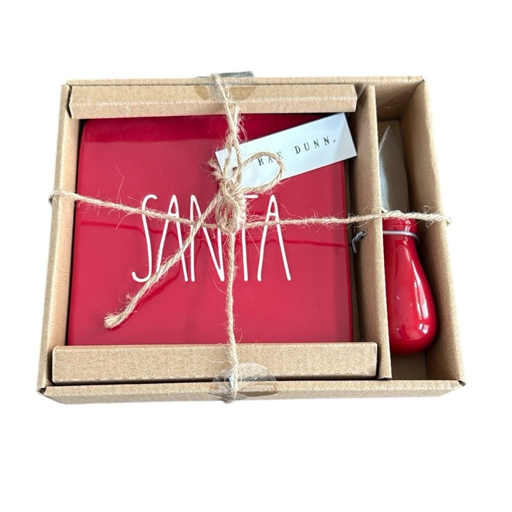 Rae Dunn “Santa” Red Ceramic Cheese Board & Knife Set 6x6” NWT
